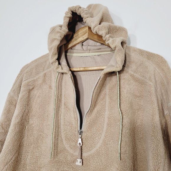 Fleece Sherpa Hoodie Oversized Sweater Khaki Tan Sweatshirt Cinch Waist Kangaroo - Picture 6 of 12
